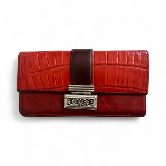 Vintage Brighton Red Leather Croc Embossed Wallet Silver Accent Organizer Clutch - Picture 1 of 8
